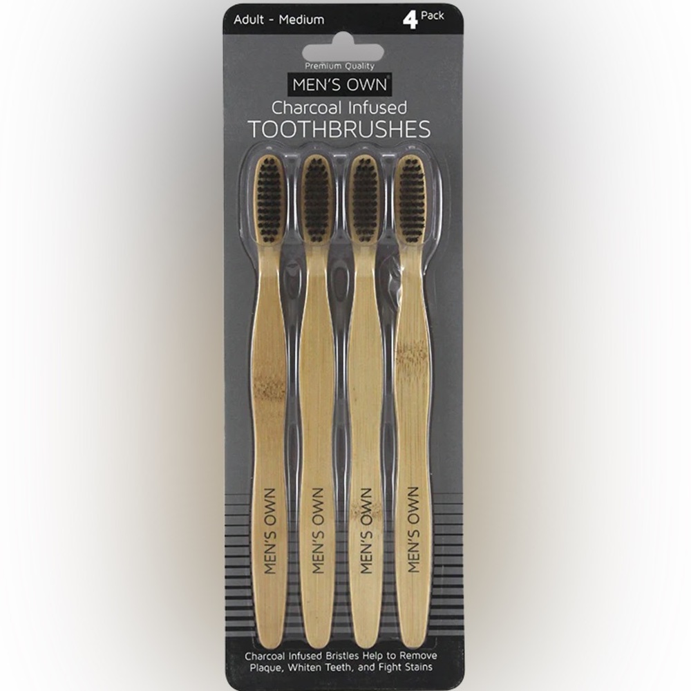 Brand new adult charcoal infused toothbrushes 4pack bamboo wooden handle